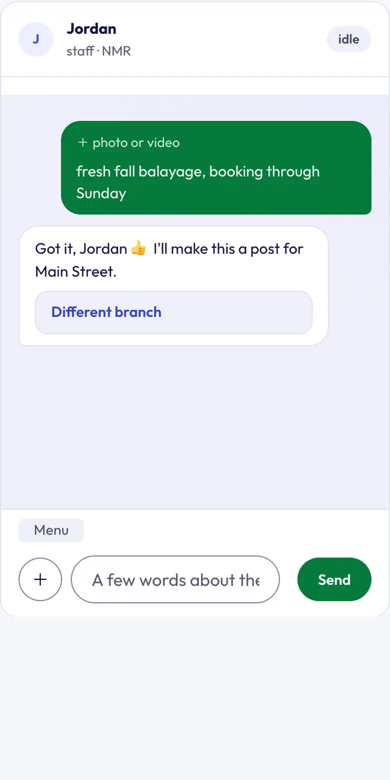 A chat in which a photo is sent and the product answers that it is writing the post